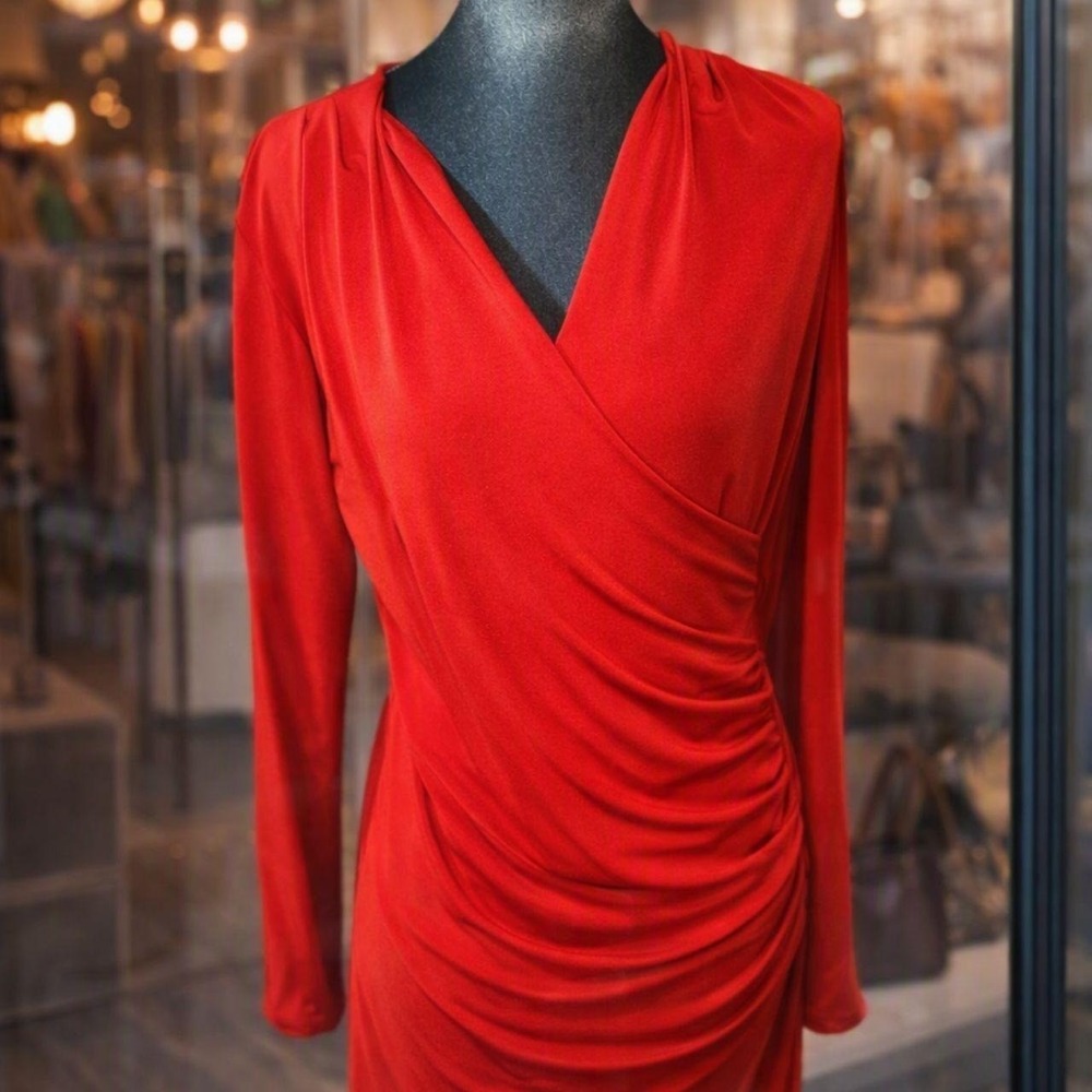Sofia Vergara Womens Red Long Sleeve Faux Wrap Ruched V-Neck Dress Large